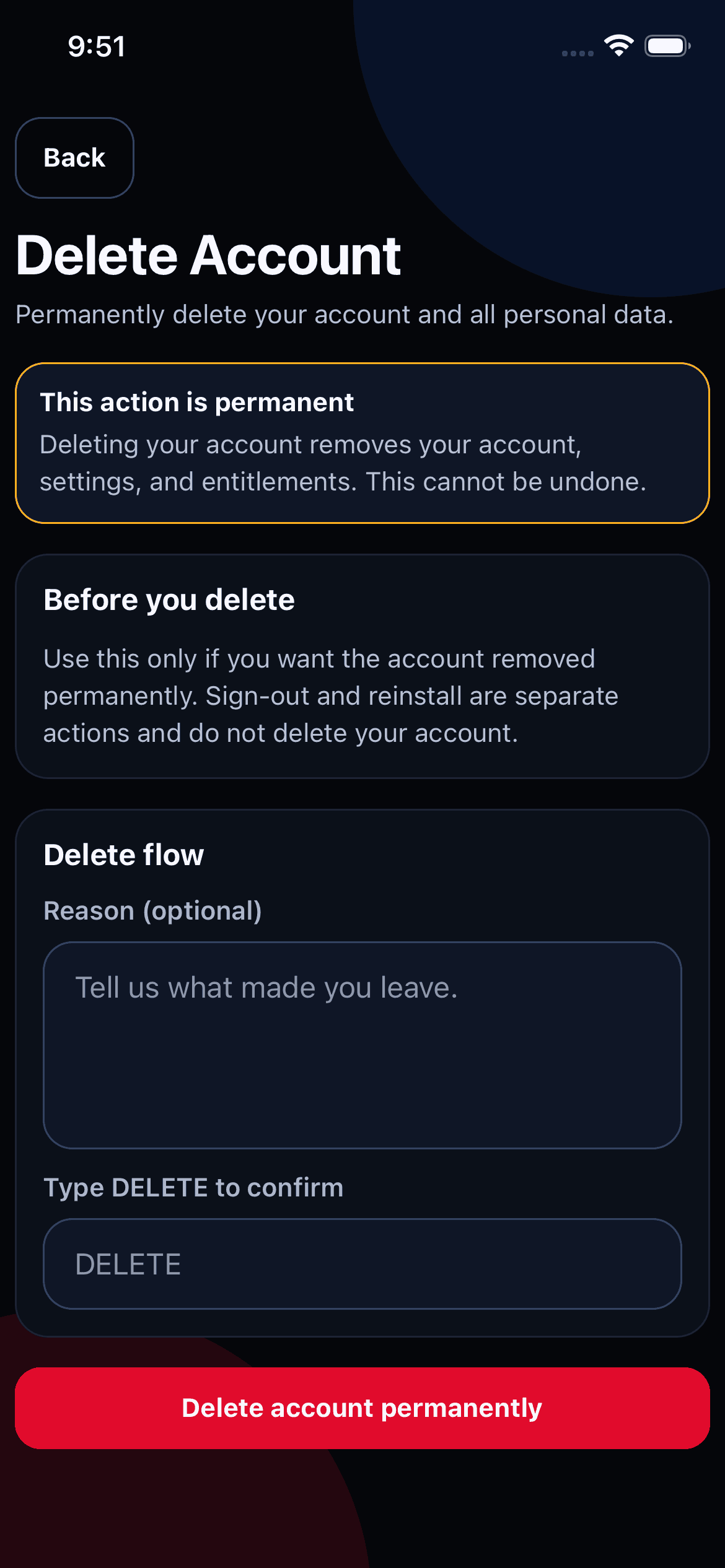 Grow As You Go account trust screen showing delete-account controls and permanent action messaging.
