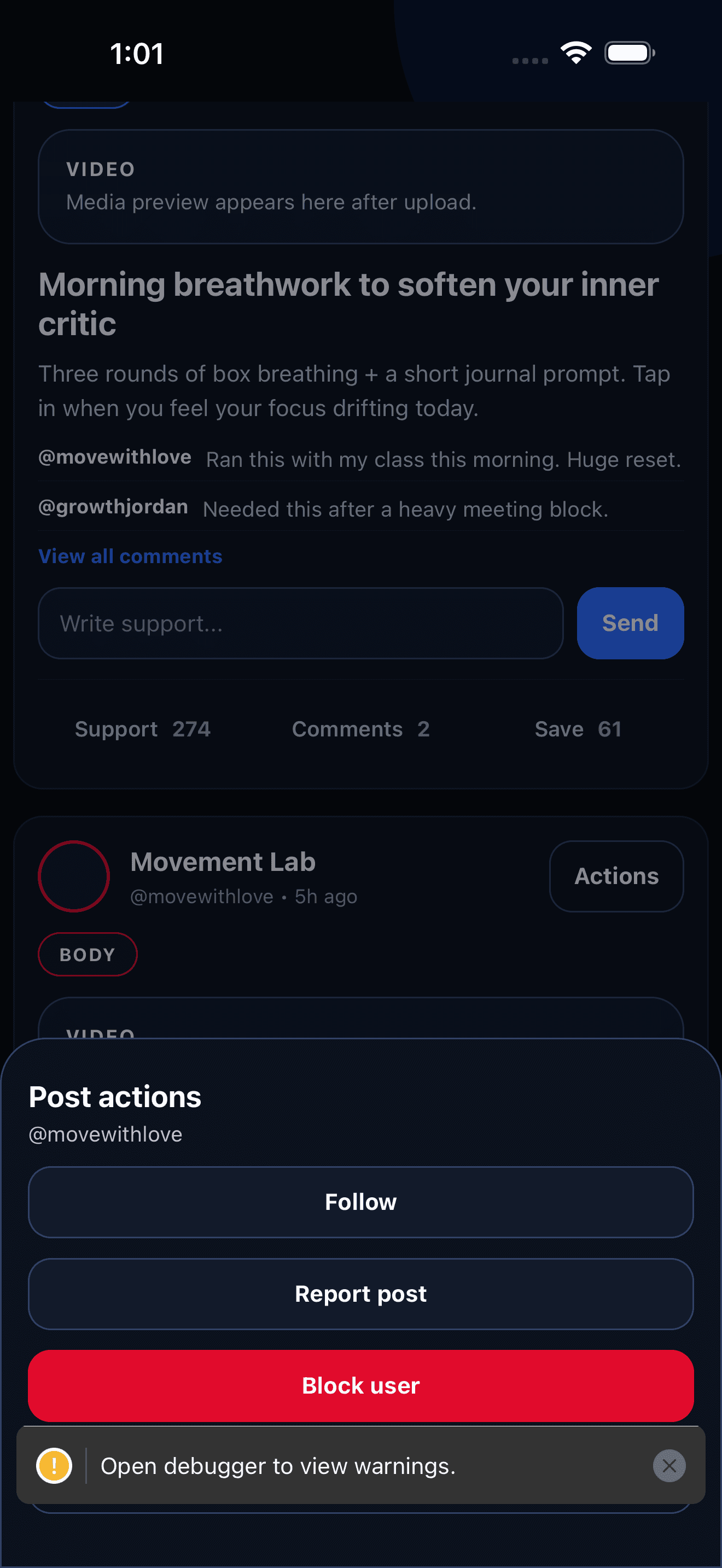 Grow As You Go community view showing social and moderation controls.