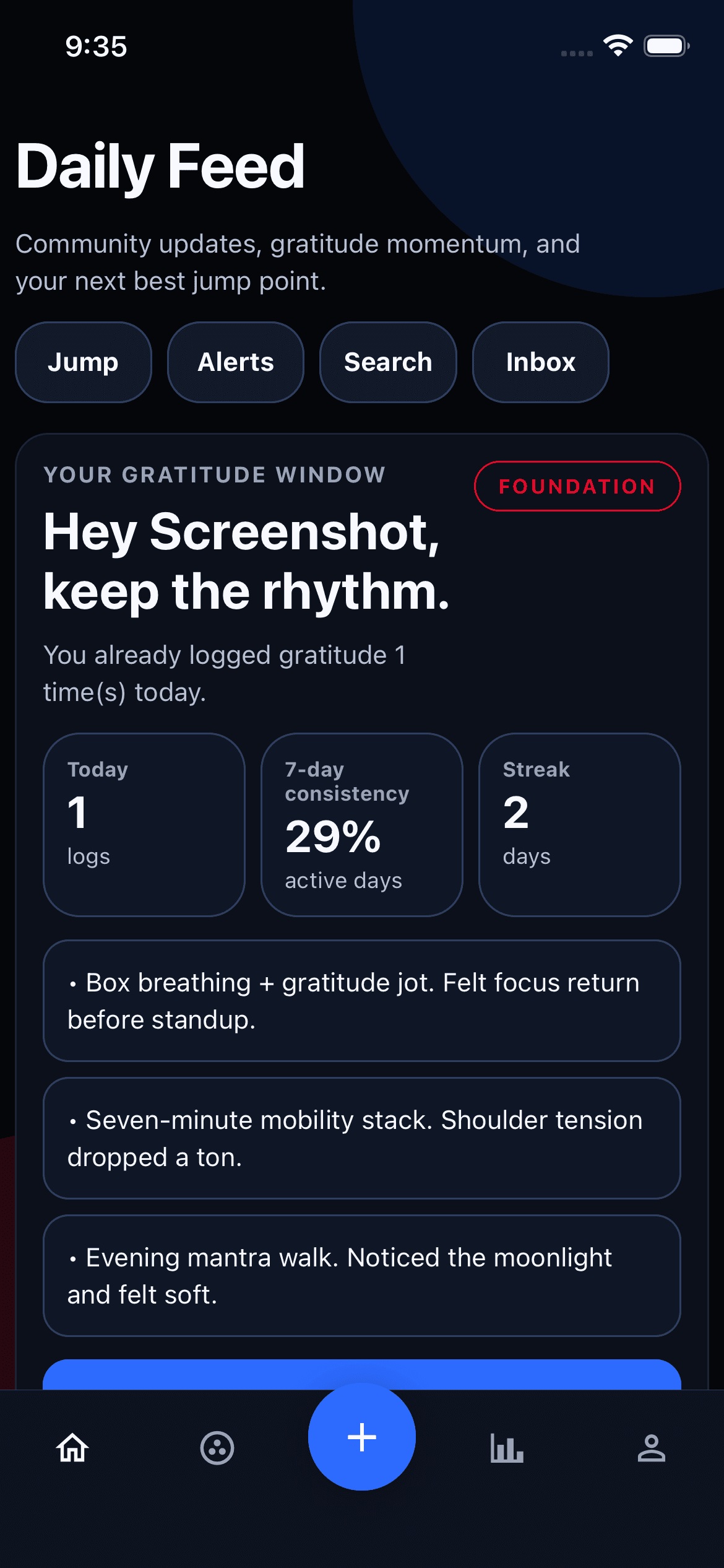 Grow As You Go first-step screen showing the daily feed and the first action a user can take.