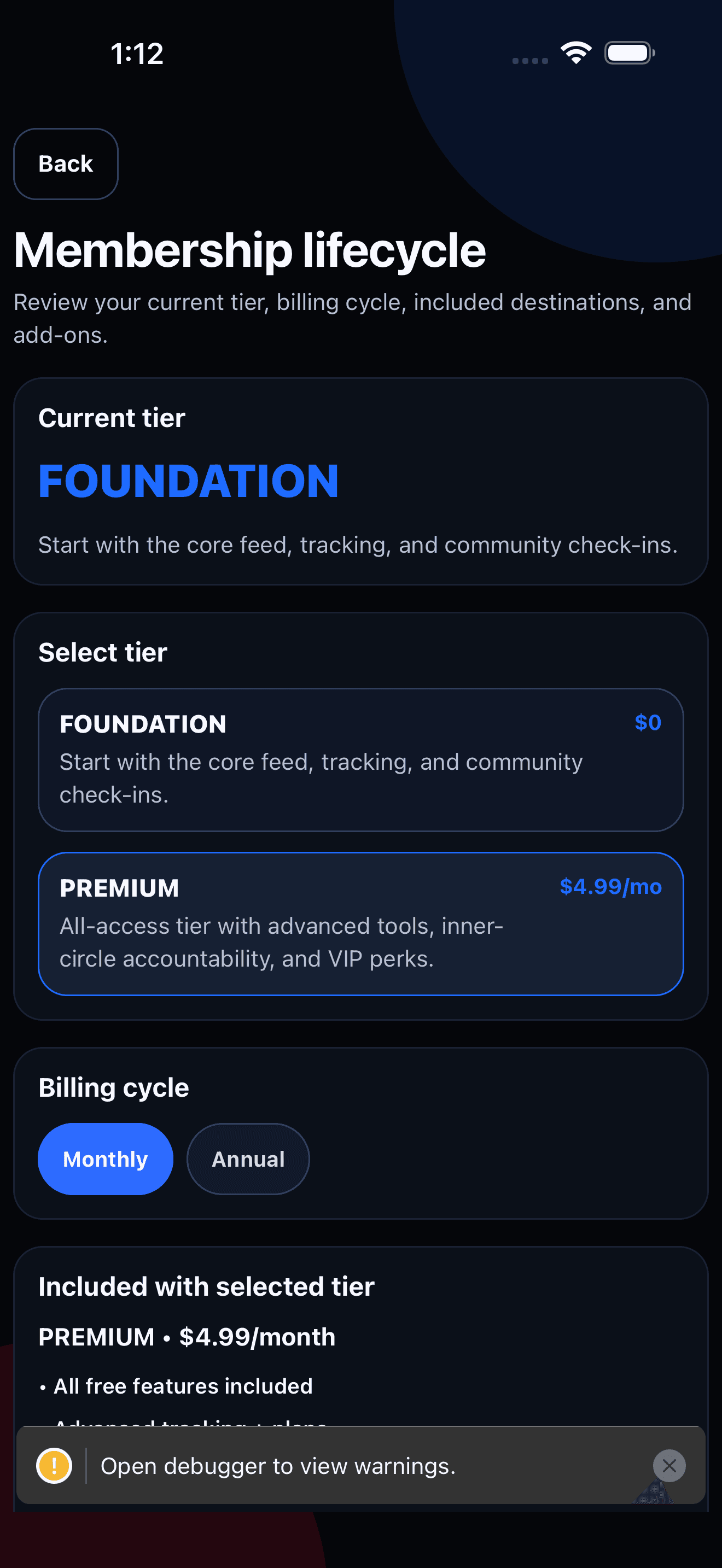 Grow As You Go membership lifecycle screen with tier details and restore options.