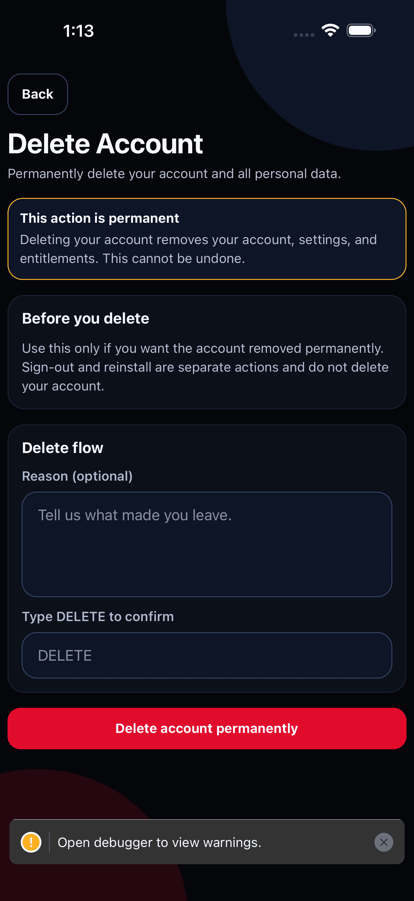 Grow As You Go settings flow with legal and account controls.