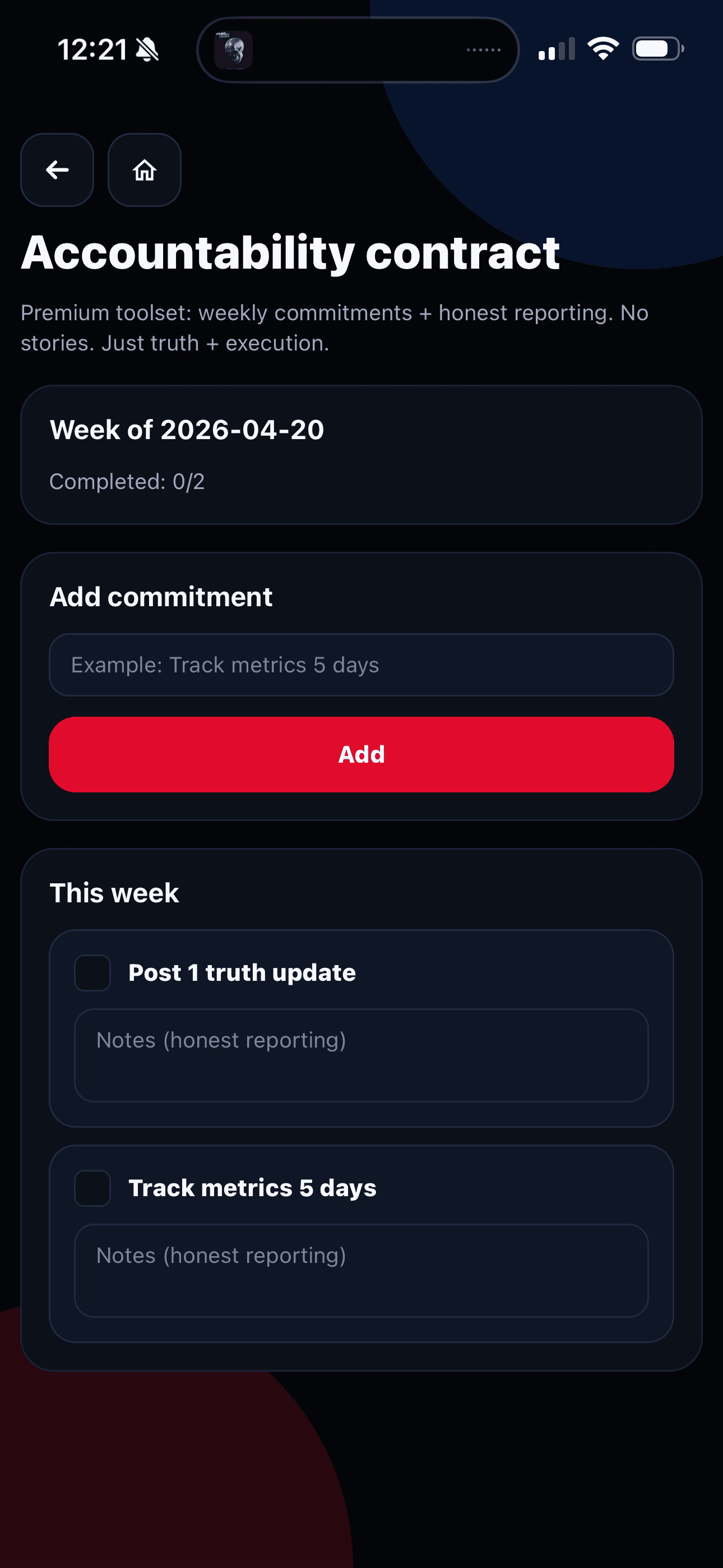 Grow As You Go Accountability Contract screen showing weekly commitments and honest reporting.