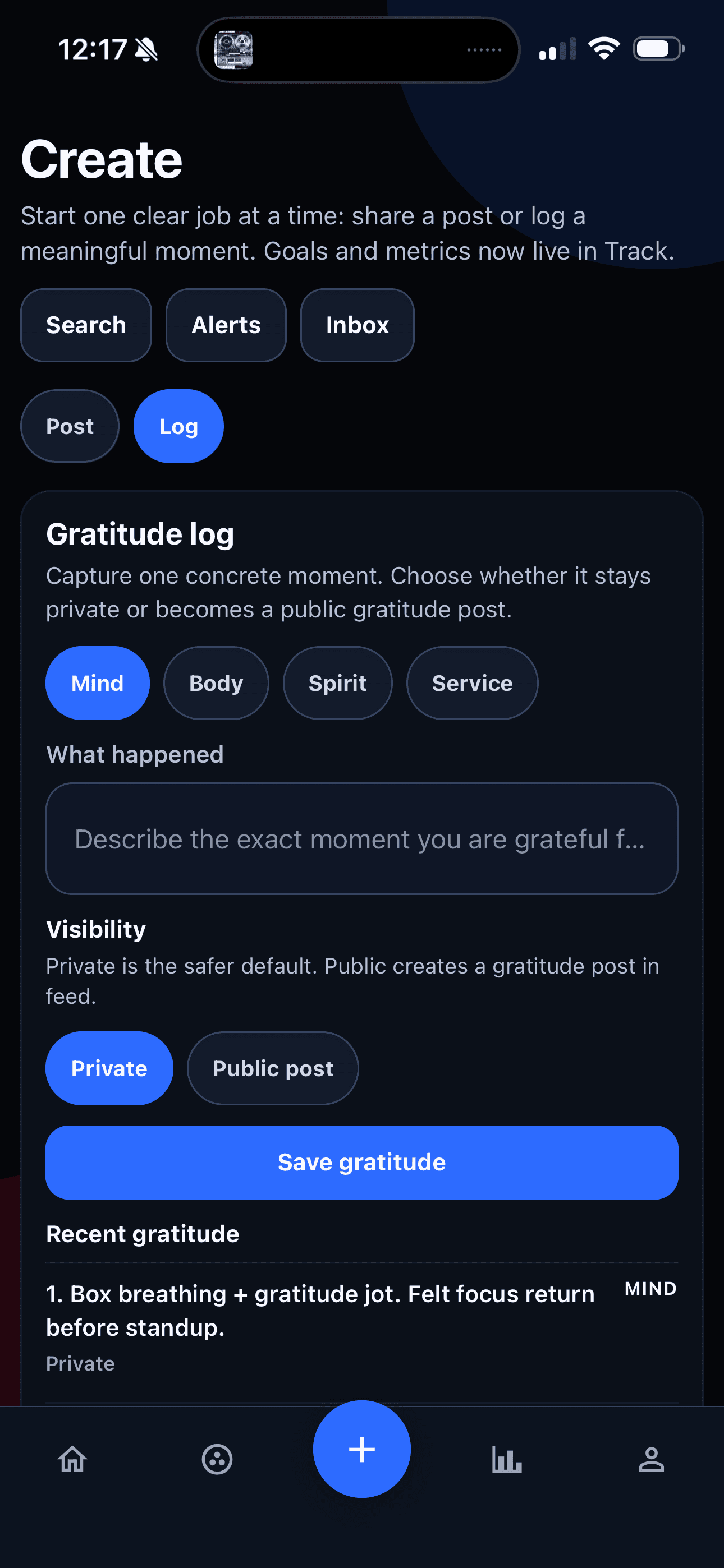 Grow As You Go Create screen showing gratitude logging, category selection, and private or public visibility controls.