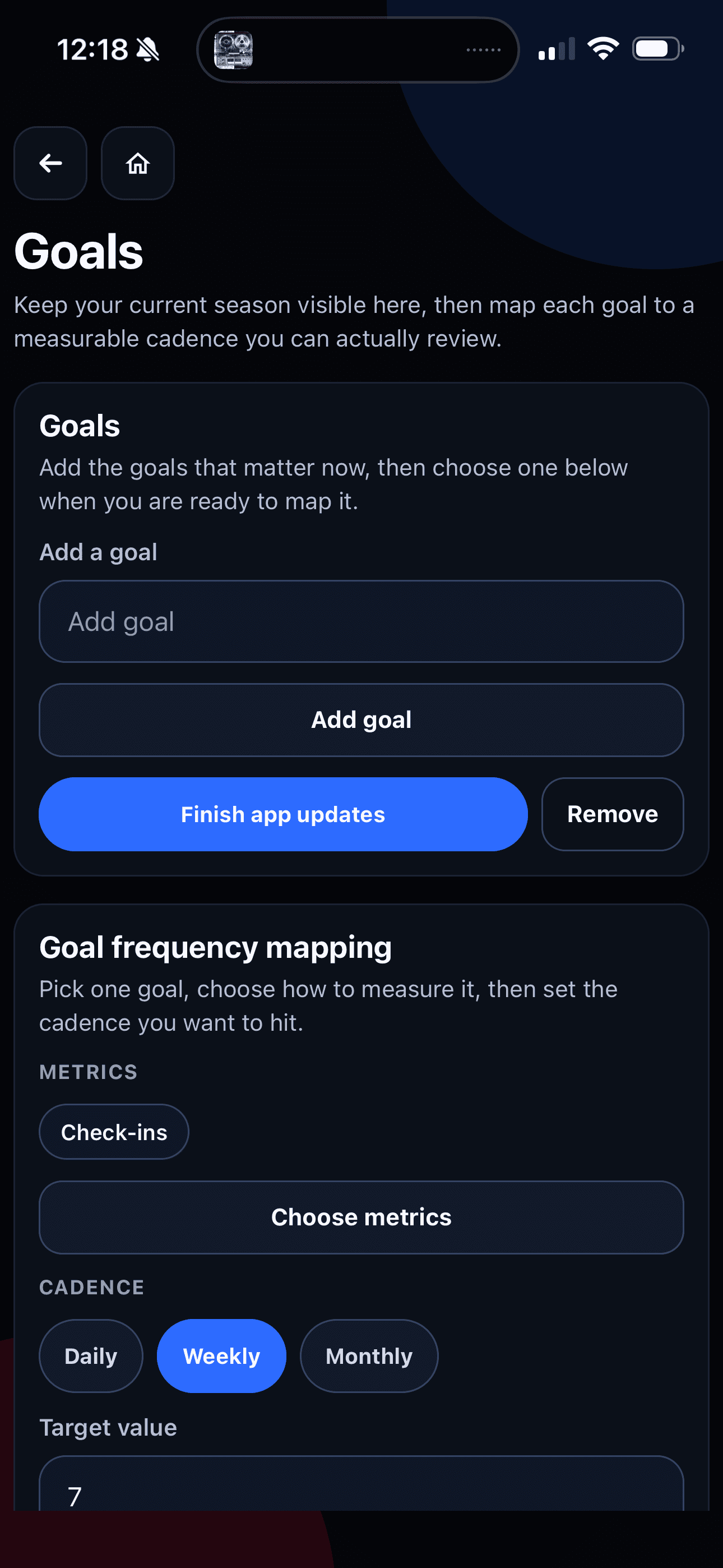Grow As You Go Goals screen showing goal entry, frequency mapping, cadence, and target value controls.