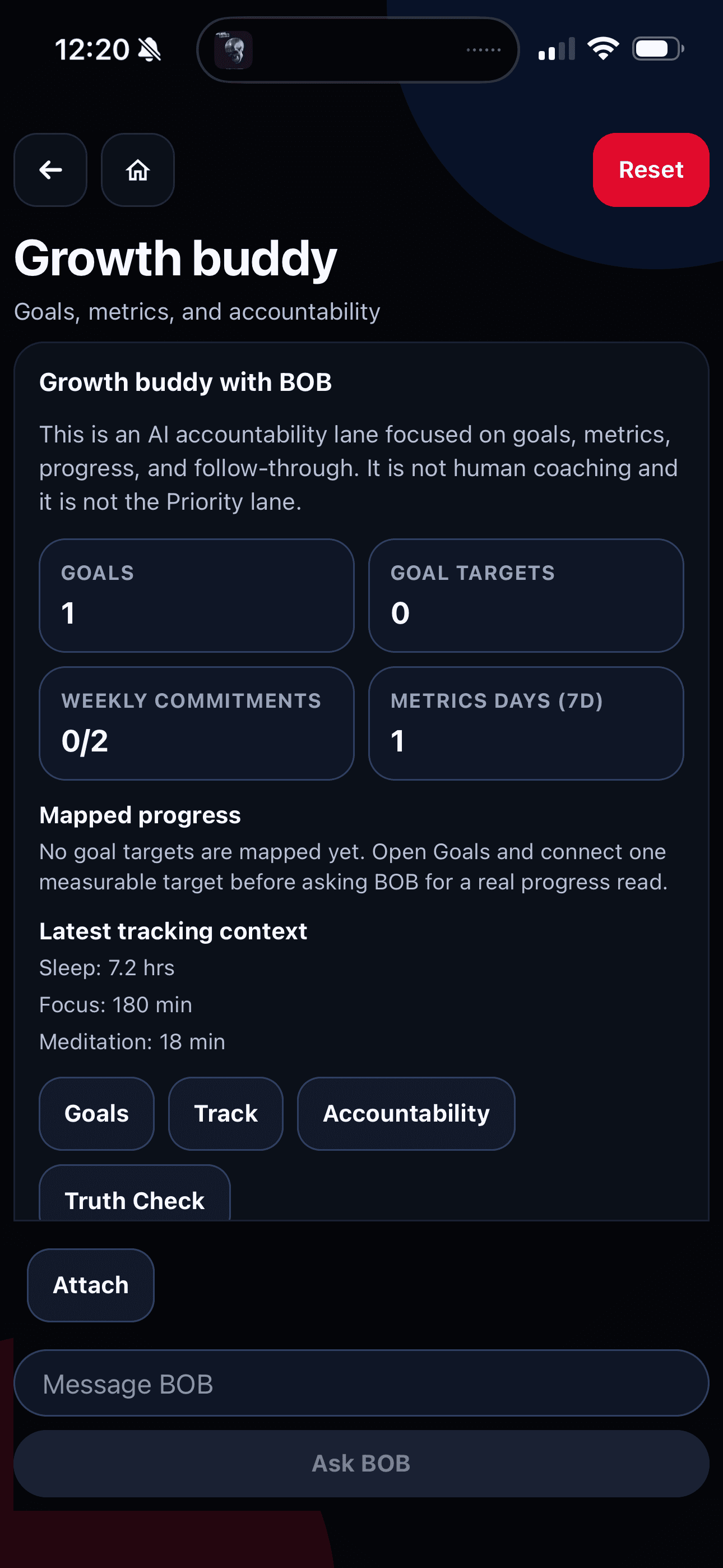 Grow As You Go Growth Buddy screen showing goals, metrics, mapped progress, and BOB accountability tools.