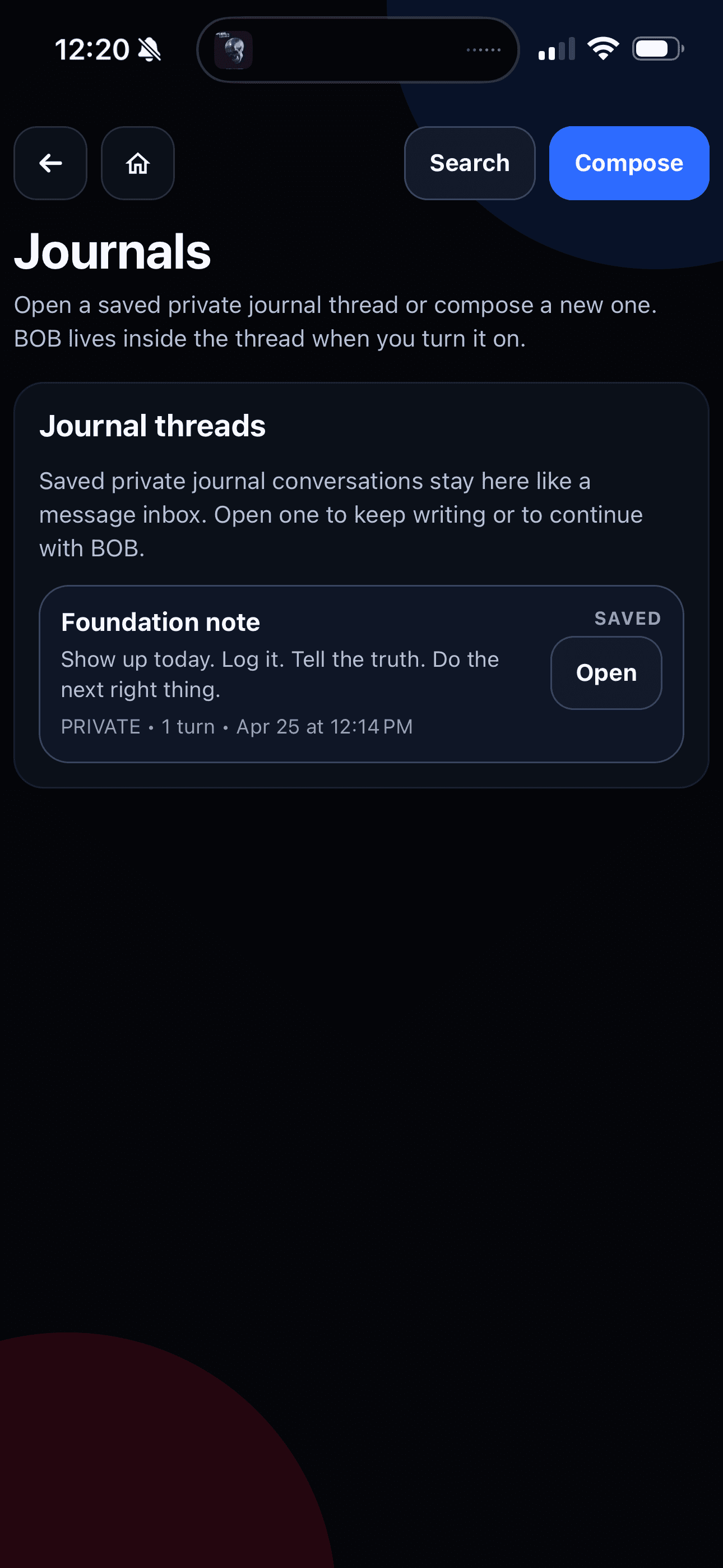 Grow As You Go private journal threads screen showing saved reflections and compose actions.