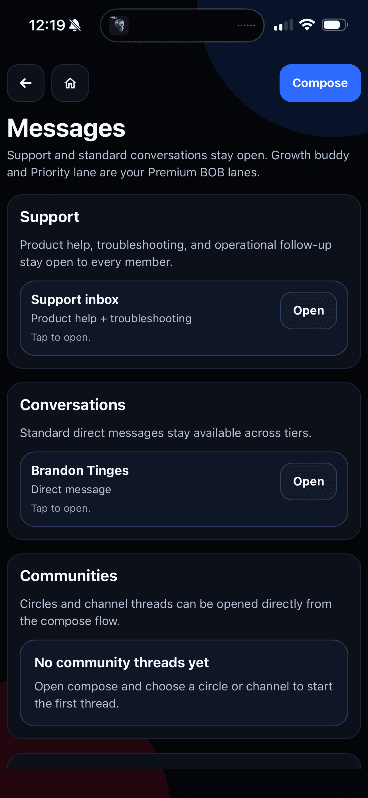 Grow As You Go Messages screen showing support, direct messages, and community conversation entry points.