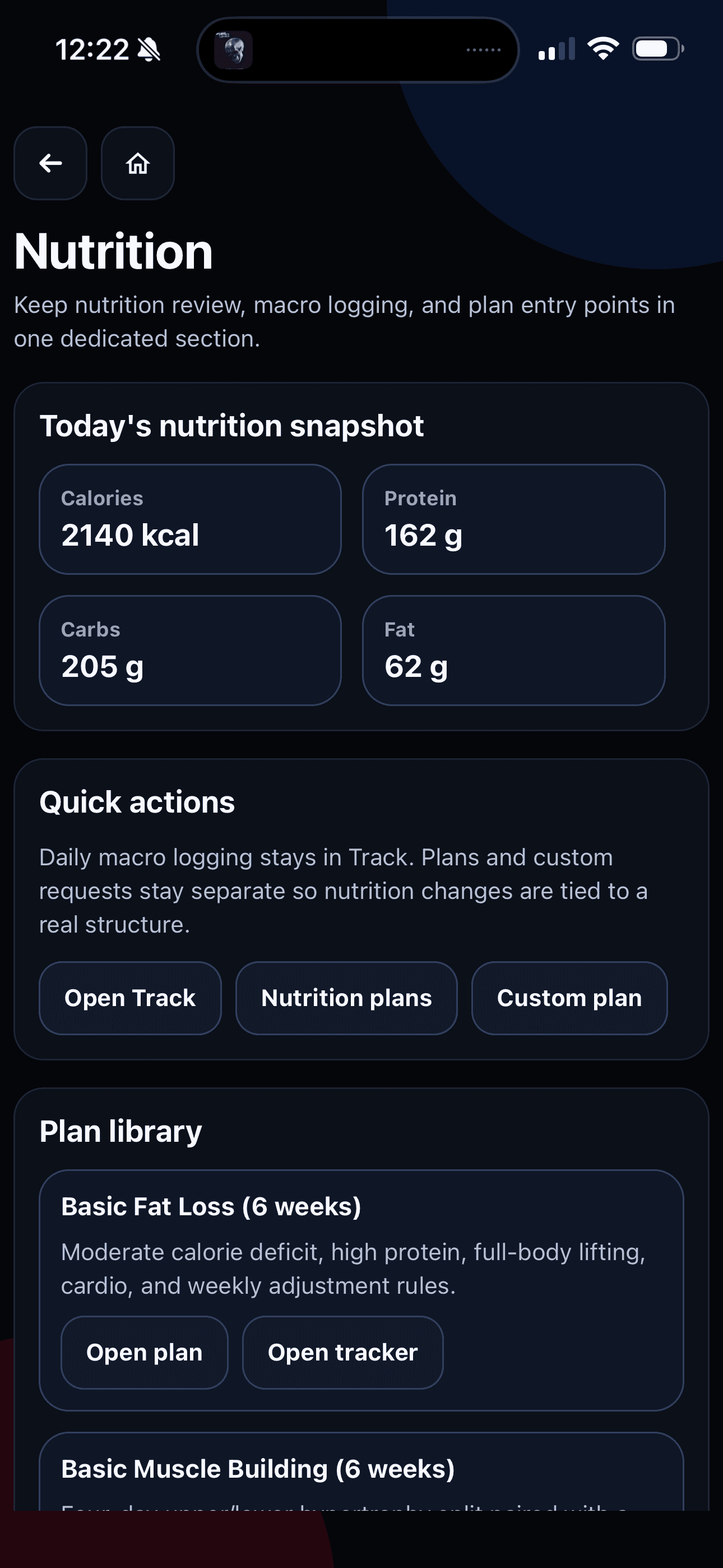 Grow As You Go Nutrition screen showing calories, macros, quick actions, and plan library entry points.