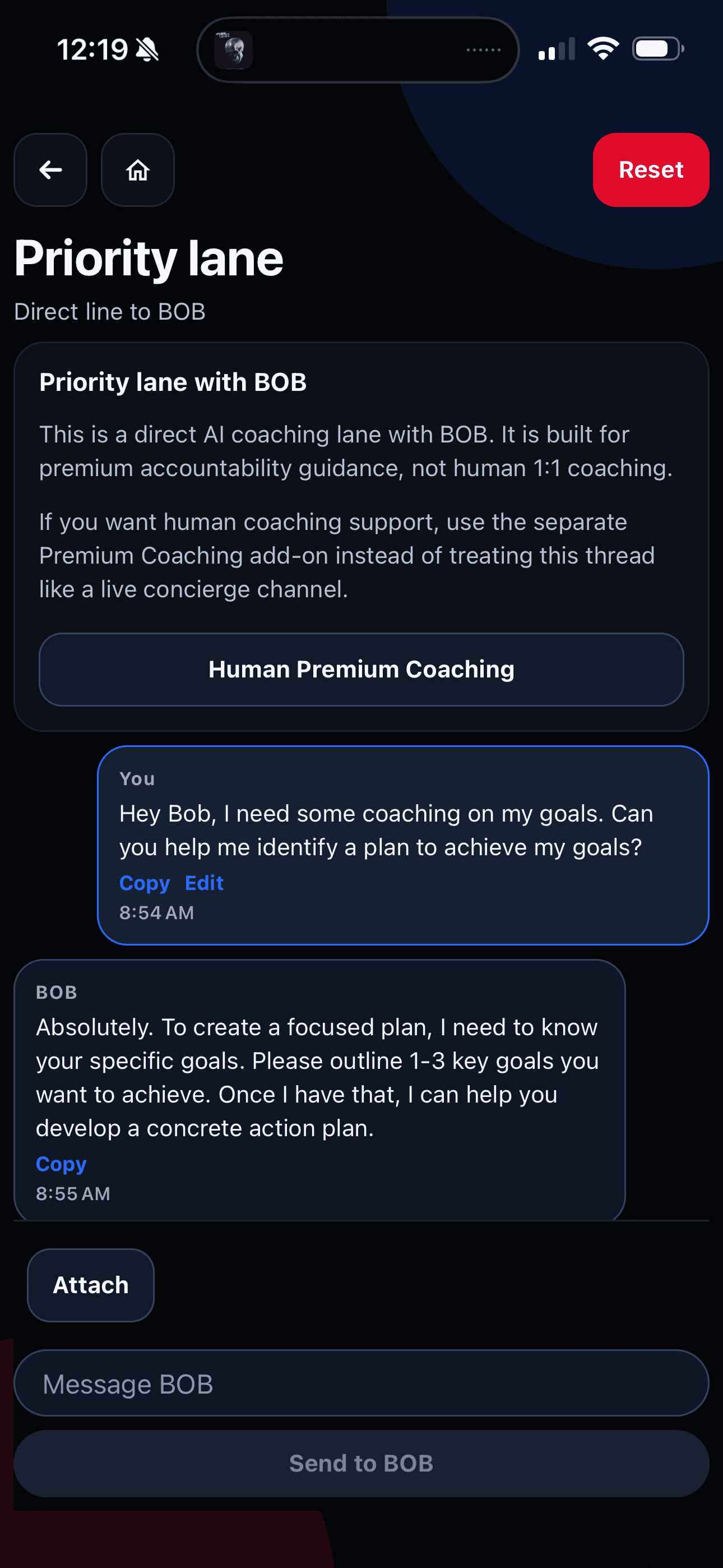 Grow As You Go Priority Lane screen showing a direct BOB coaching lane and message thread.