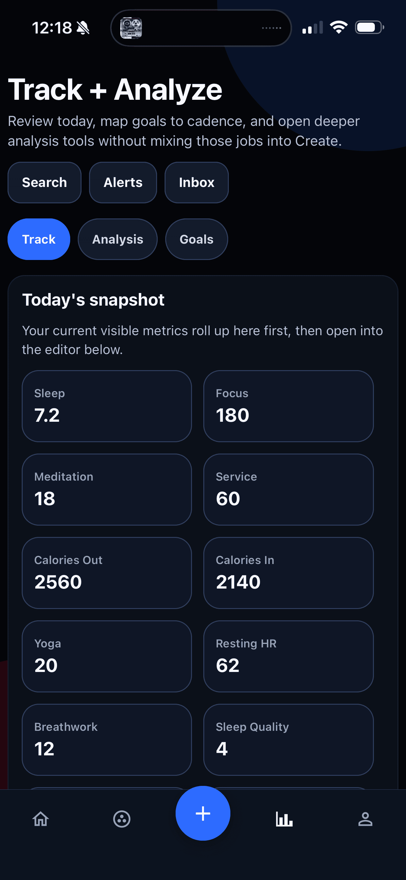 Grow As You Go track and analyze screen showing a daily snapshot of metrics and deeper measurement tools.