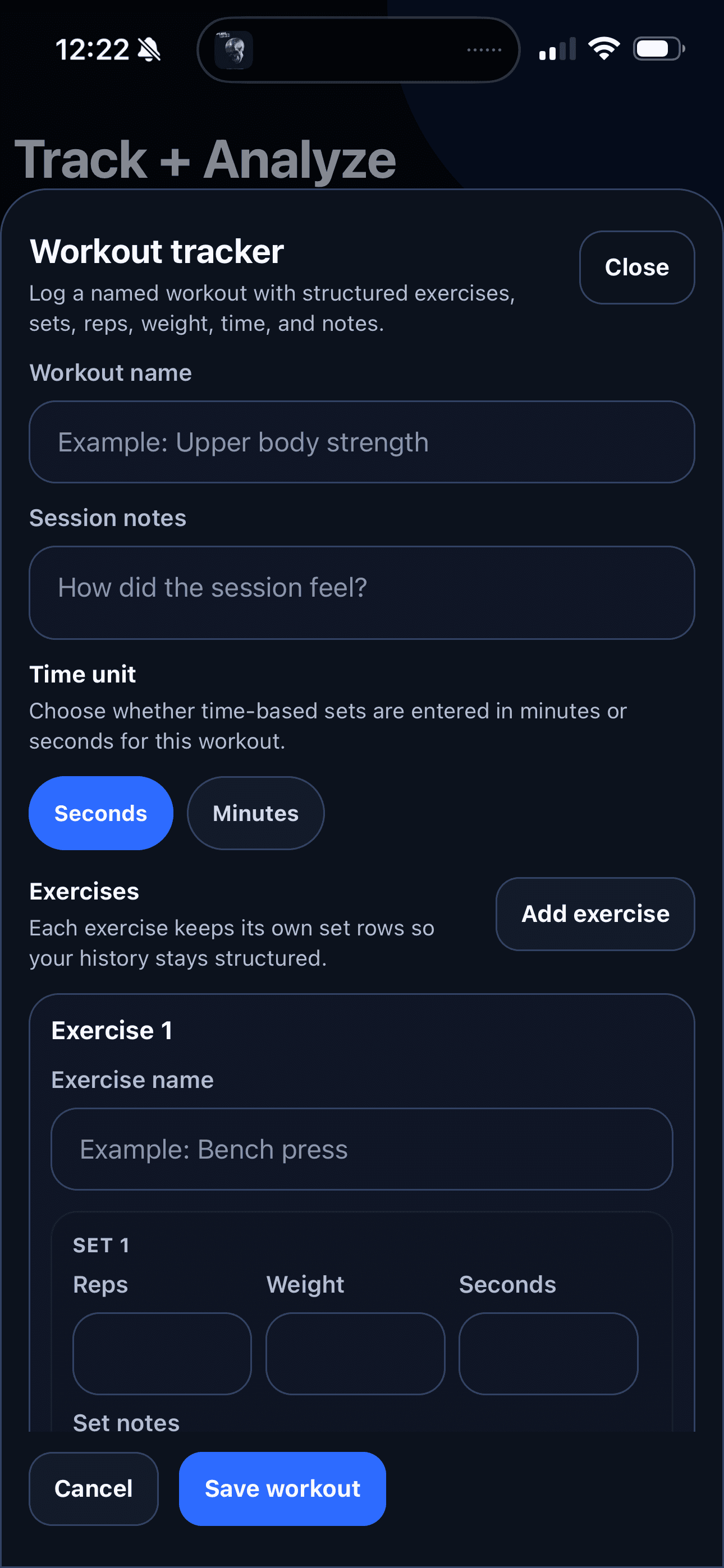 Grow As You Go workout tracker showing workout name, notes, time unit, exercises, sets, reps, and save controls.